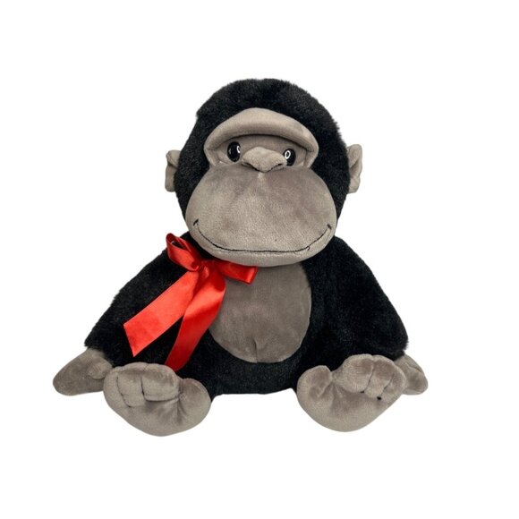 Fiesta 9 Inch Sitting Gorilla Plush Stuffed Animal Red Ribbon ages 3+ Black Gray - Picture 1 of 9